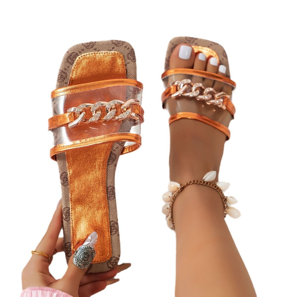 African explosive Slippers slippers chain transparent one word quick drying ventilatable balanced slippers woman 2024 Europe and the United States all square head flat slippers woman