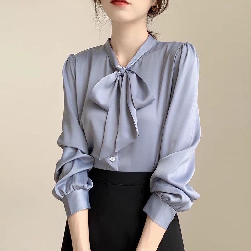 Africa 2024 new autumn new blue bow shirt women's design sense niche professional temperament shirt satin top lace-up office shirt for women