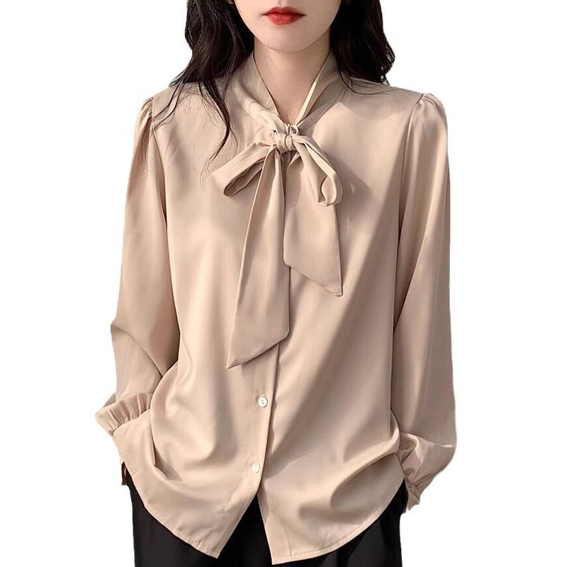 Africa 2024 new autumn new blue bow shirt women's design sense niche professional temperament shirt satin top lace-up office shirt for women