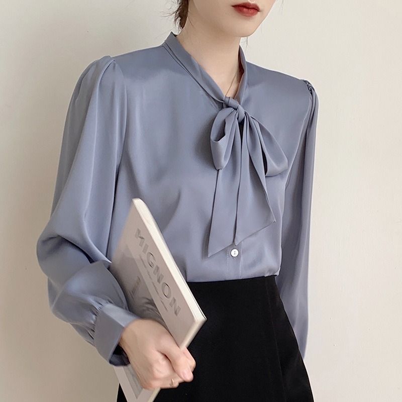 Africa 2024 new autumn new blue bow shirt women's design sense niche professional temperament shirt satin top lace-up office shirt for women