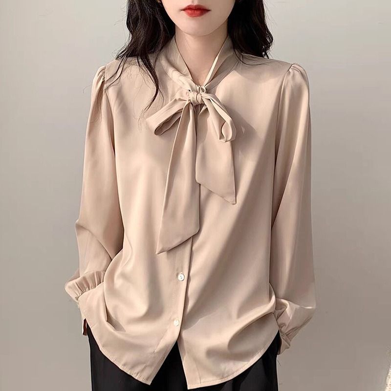 Africa 2024 new autumn new blue bow shirt women's design sense niche professional temperament shirt satin top lace-up office shirt for women