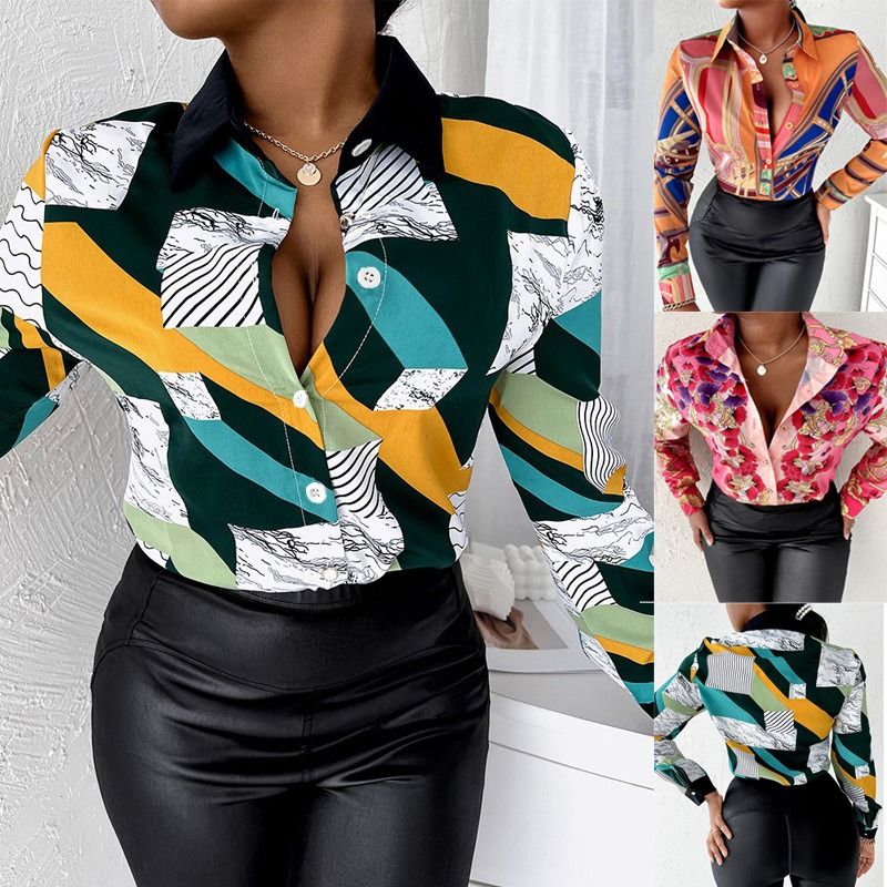 Africa 2024 foreign trade women's temperament elegant commuter style cross-border shirt long sleeve spring and autumn blouse wish lapel button printed shirt women