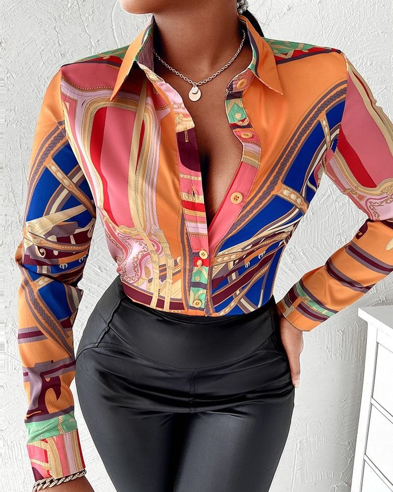 Africa 2024 foreign trade women's temperament elegant commuter style cross-border shirt long sleeve spring and autumn blouse wish lapel button printed shirt women