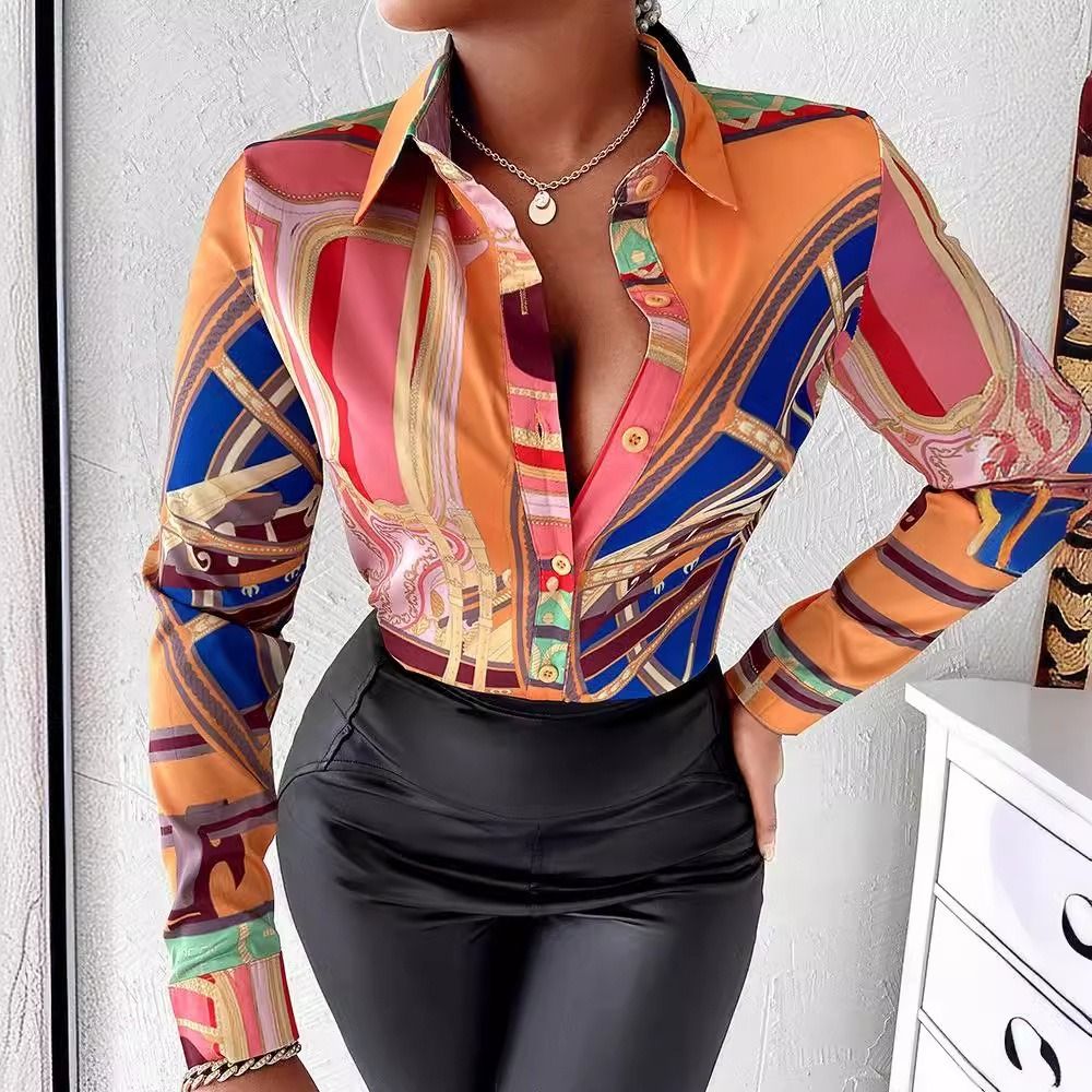 Africa 2024 foreign trade women's temperament elegant commuter style cross-border shirt long sleeve spring and autumn blouse wish lapel button printed shirt women