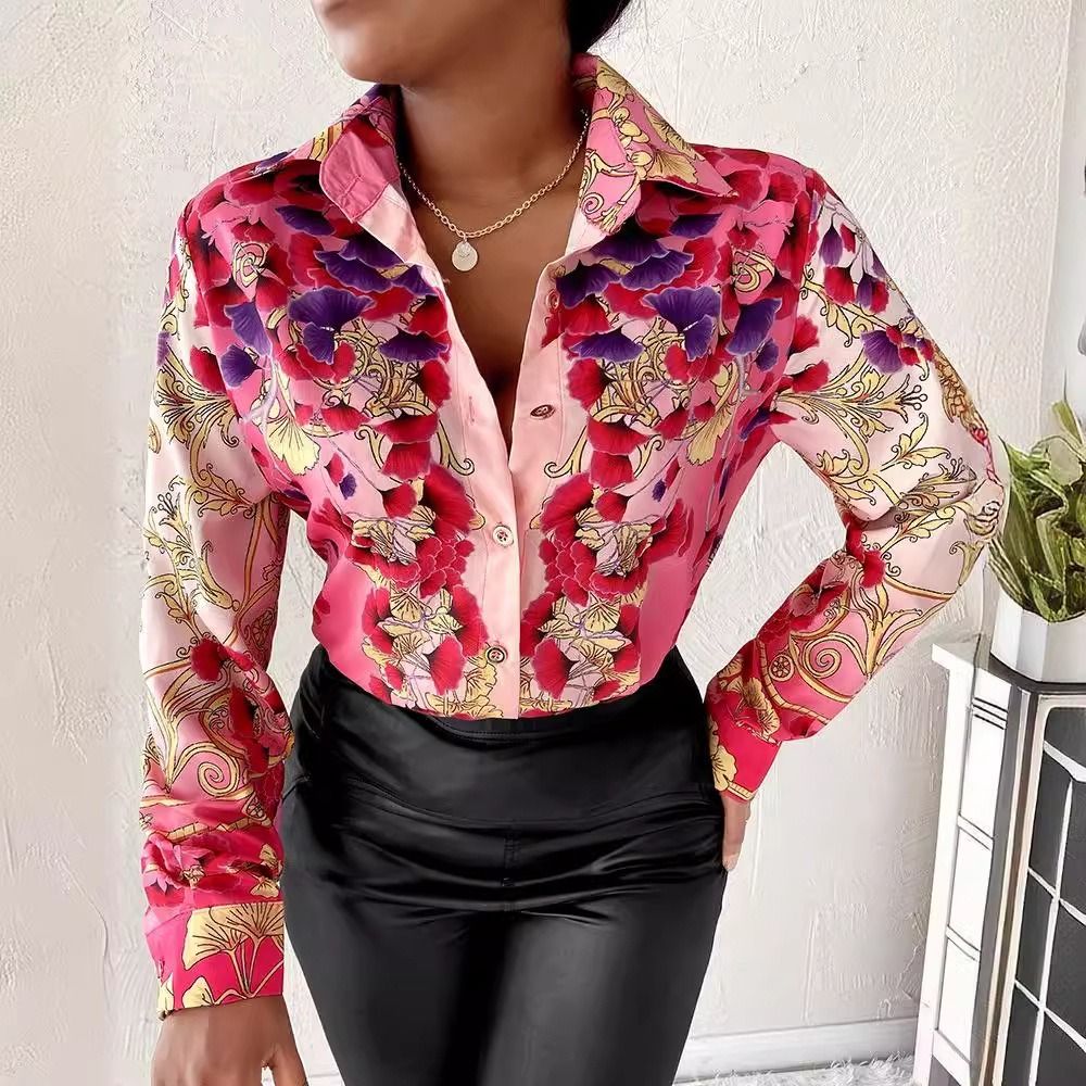 Africa 2024 foreign trade women's temperament elegant commuter style cross-border shirt long sleeve spring and autumn blouse wish lapel button printed shirt women