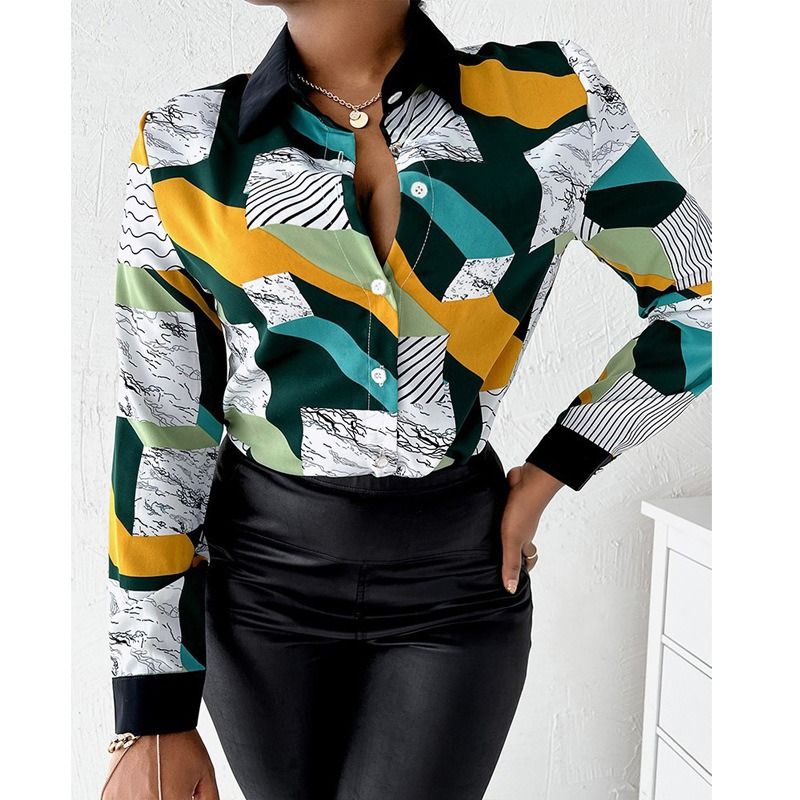 Africa 2024 foreign trade women's temperament elegant commuter style cross-border shirt long sleeve spring and autumn blouse wish lapel button printed shirt women