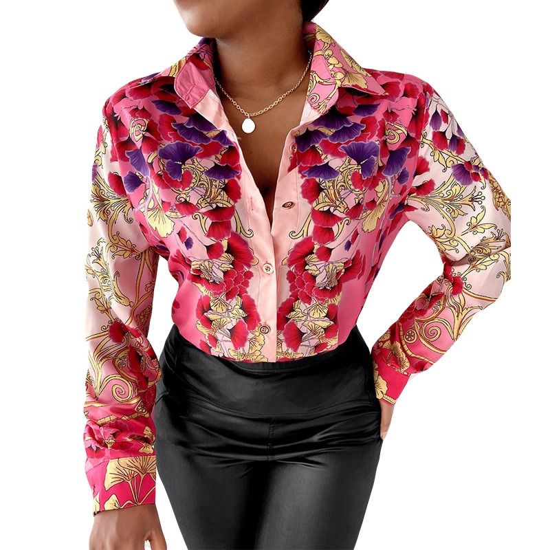 Africa 2024 foreign trade women's temperament elegant commuter style cross-border shirt long sleeve spring and autumn blouse wish lapel button printed shirt women