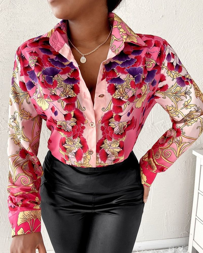 Africa 2024 foreign trade women's temperament elegant commuter style cross-border shirt long sleeve spring and autumn blouse wish lapel button printed shirt women