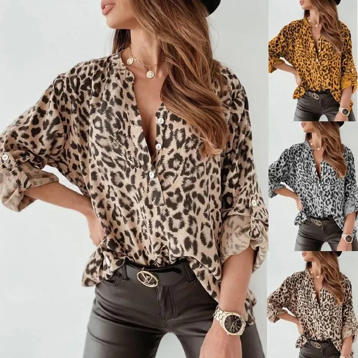 Africa new foreign trade women's shirt printed/printed leopard temperament elegant commuter style lapel long sleeve spring and autumn shirt office shirt for women