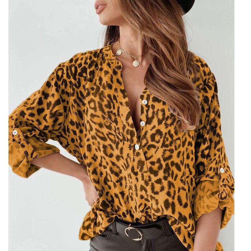Africa new foreign trade women's shirt printed/printed leopard temperament elegant commuter style lapel long sleeve spring and autumn shirt office shirt for women