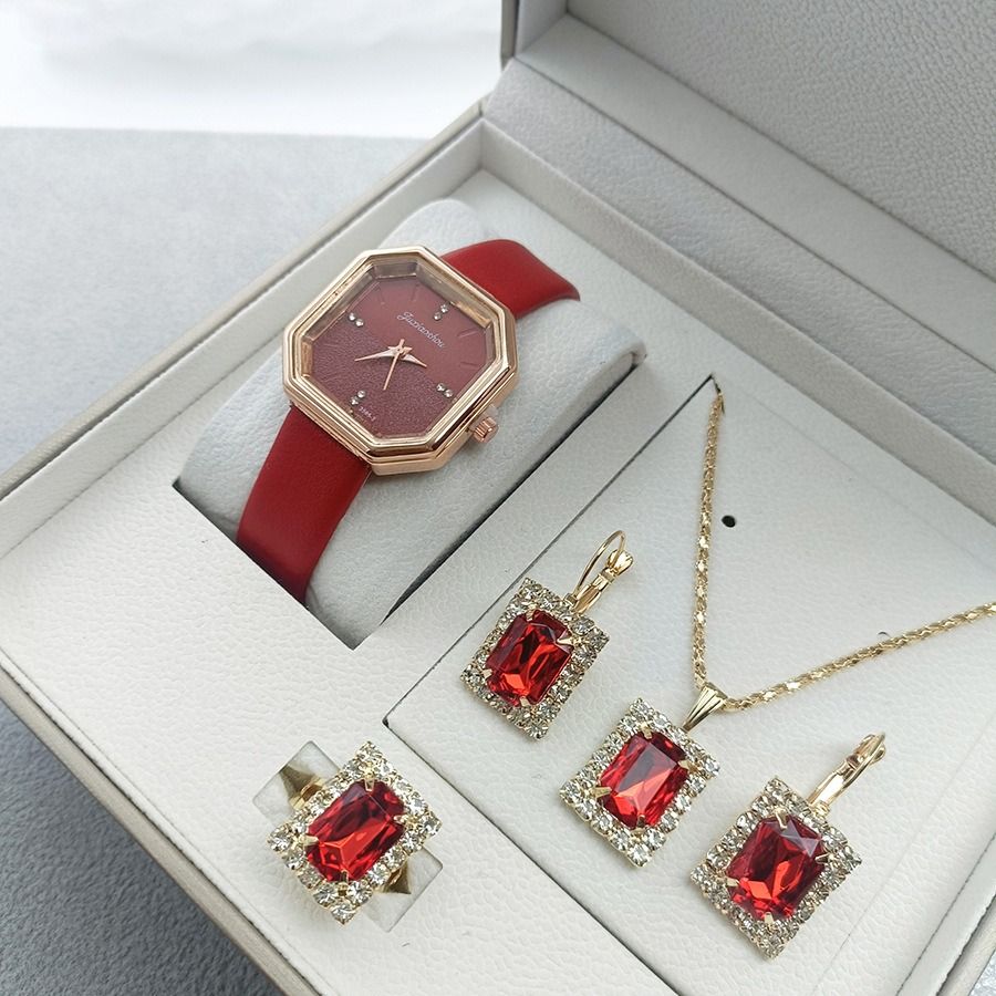 2024 Africa new women's watch set Green women's leather watch square vintage fashion watch fashion combination classic Roman dial