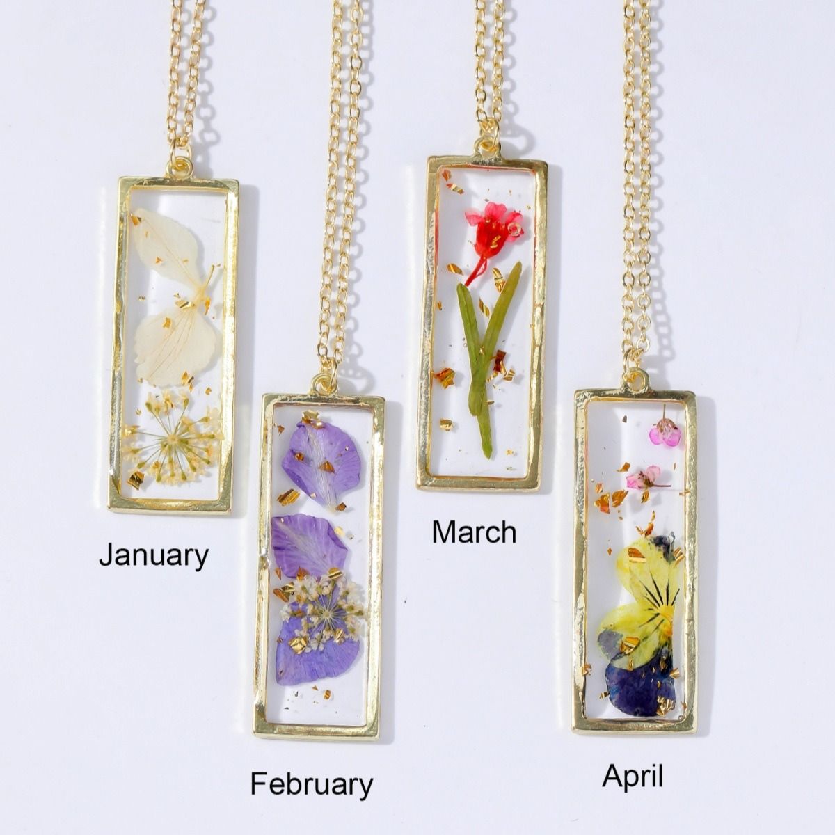 Personalized and stylish ladies Eternal dried flower necklace with a small rectangular pendant necklace design, January - December monthly different