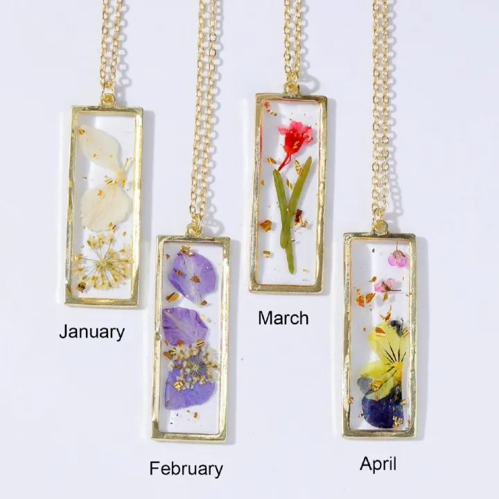 Personalized and stylish ladies Eternal dried flower necklace with a small rectangular pendant necklace design, January - December monthly different