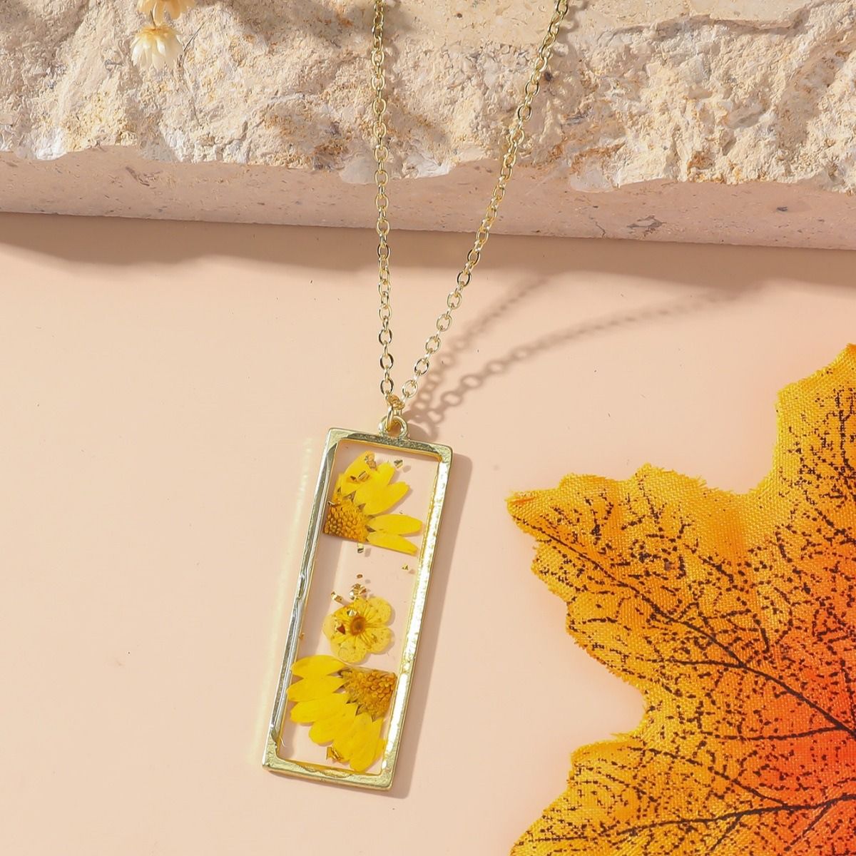 Personalized and stylish ladies Eternal dried flower necklace with a small rectangular pendant necklace design, January - December monthly different
