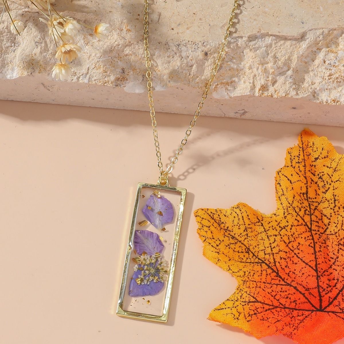 Personalized and stylish ladies Eternal dried flower necklace with a small rectangular pendant necklace design, January - December monthly different
