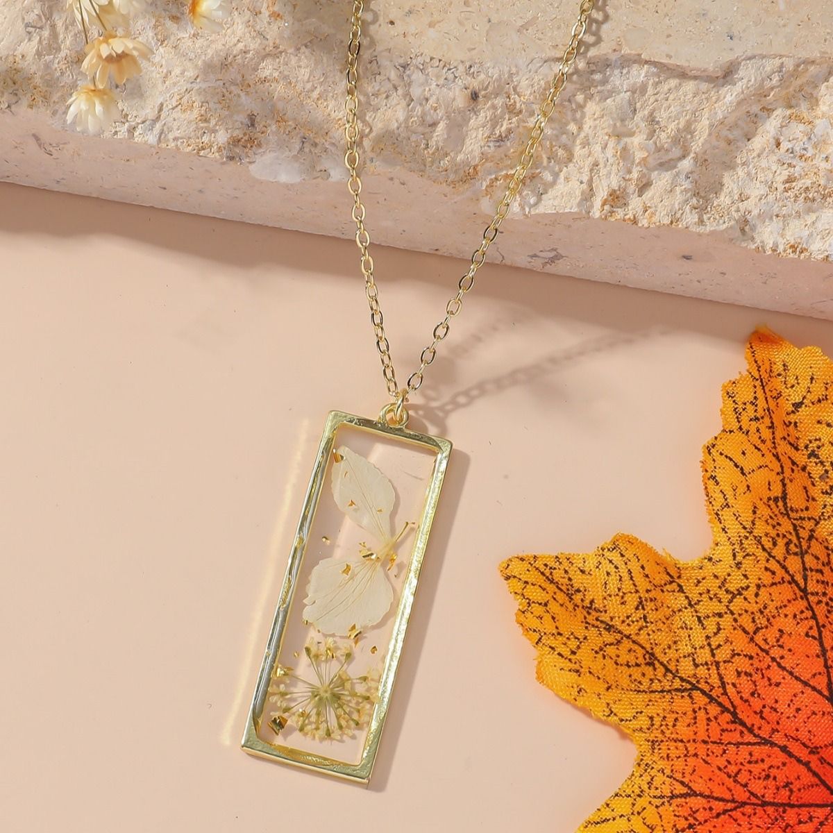 Personalized and stylish ladies Eternal dried flower necklace with a small rectangular pendant necklace design, January - December monthly different