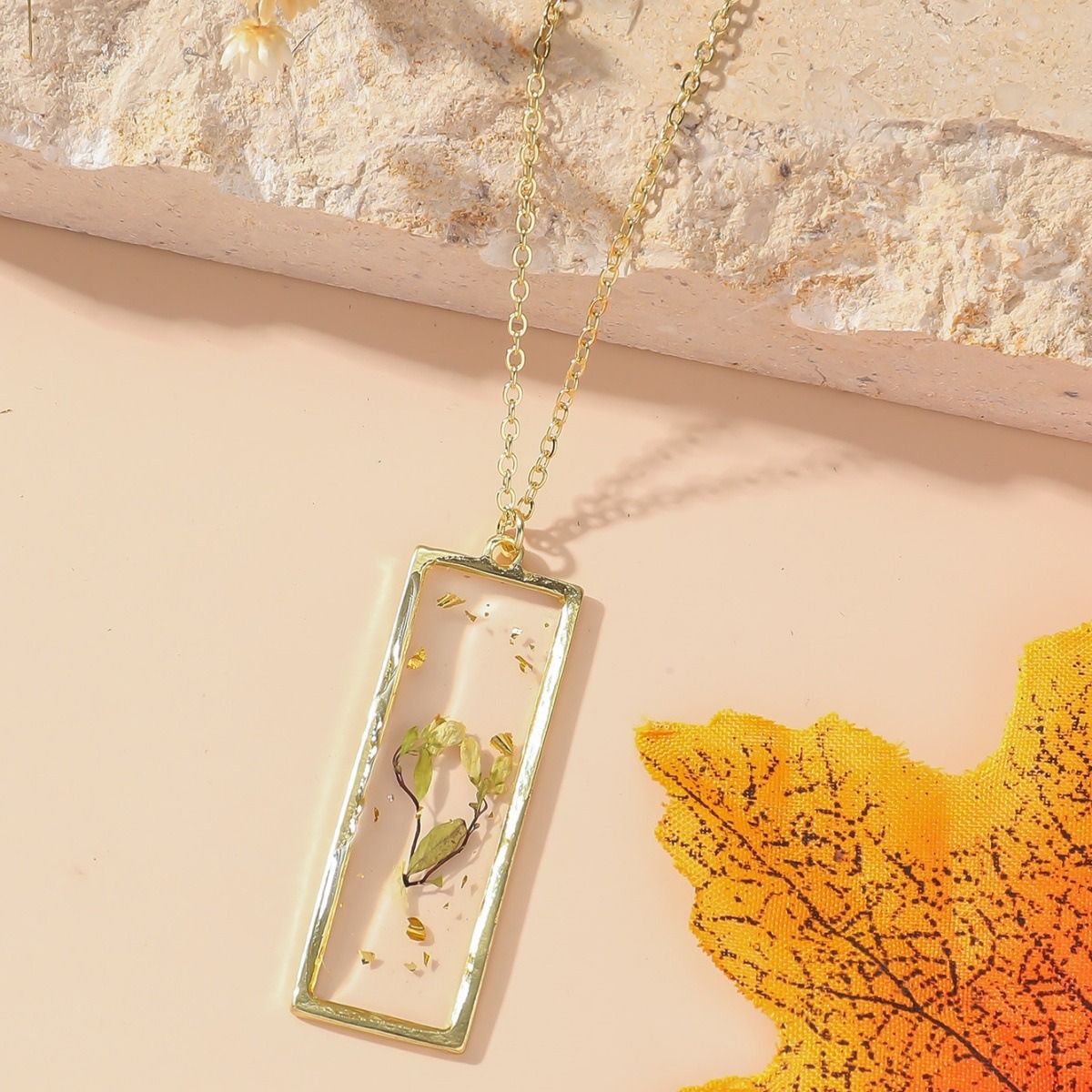 Personalized and stylish ladies Eternal dried flower necklace with a small rectangular pendant necklace design, January - December monthly different