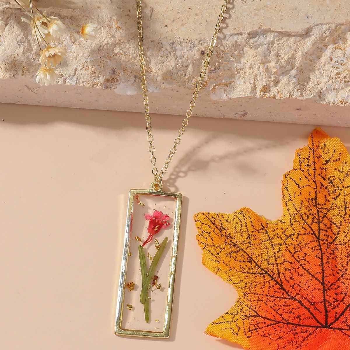 Personalized and stylish ladies Eternal dried flower necklace with a small rectangular pendant necklace design, January - December monthly different