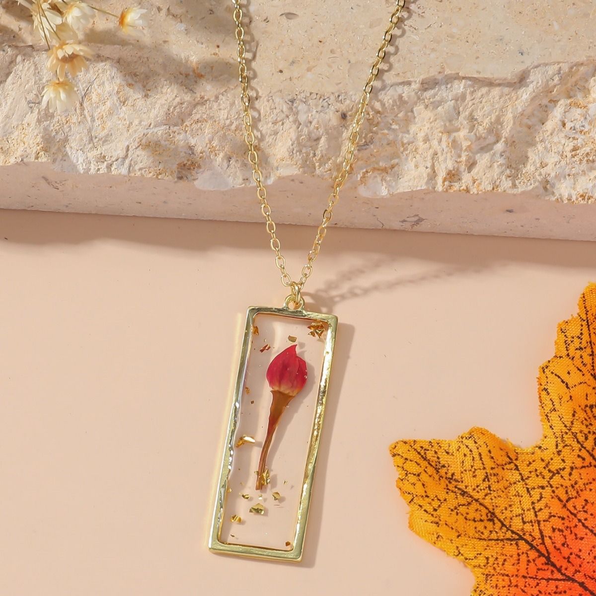 Personalized and stylish ladies Eternal dried flower necklace with a small rectangular pendant necklace design, January - December monthly different