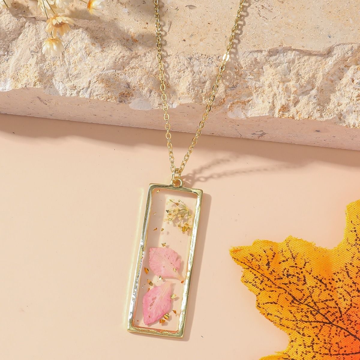 Personalized and stylish ladies Eternal dried flower necklace with a small rectangular pendant necklace design, January - December monthly different