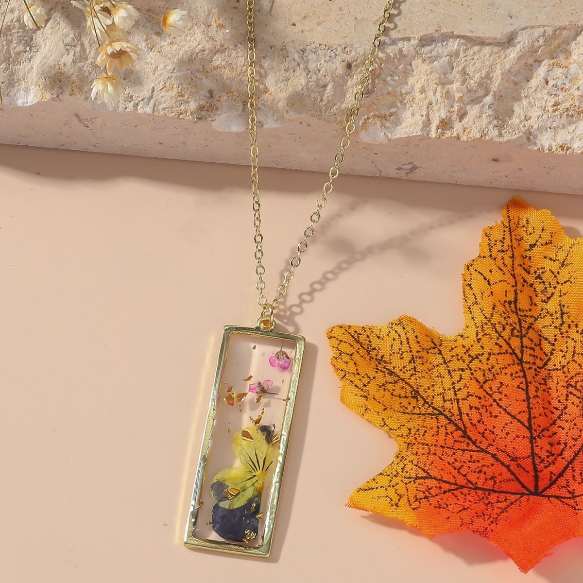 Personalized and stylish ladies Eternal dried flower necklace with a small rectangular pendant necklace design, January - December monthly different