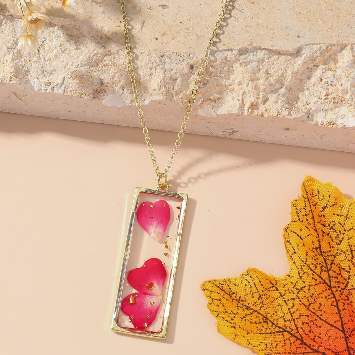 Personalized and stylish ladies Eternal dried flower necklace with a small rectangular pendant necklace design, January - December monthly different