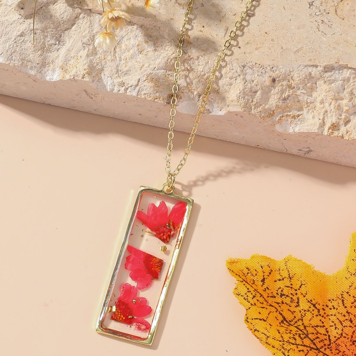 Personalized and stylish ladies Eternal dried flower necklace with a small rectangular pendant necklace design, January - December monthly different