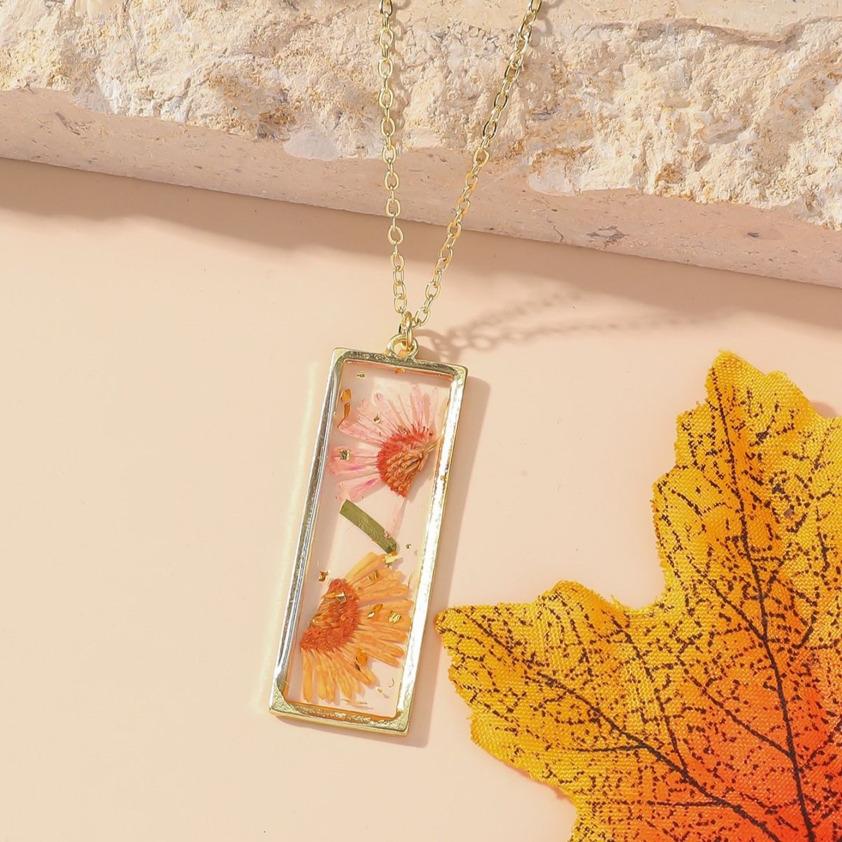 Personalized and stylish ladies Eternal dried flower necklace with a small rectangular pendant necklace design, January - December monthly different