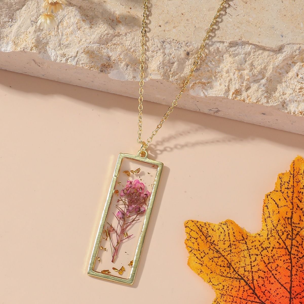 Personalized and stylish ladies Eternal dried flower necklace with a small rectangular pendant necklace design, January - December monthly different