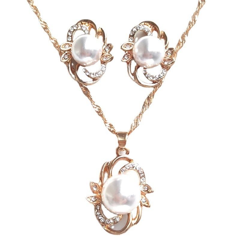 Africa 2024 New Pearl Diamond flowers and Leaves Fresh Sweet necklace Earrings Bride Necklace Set Wedding accessories Pearl earrings + collar
