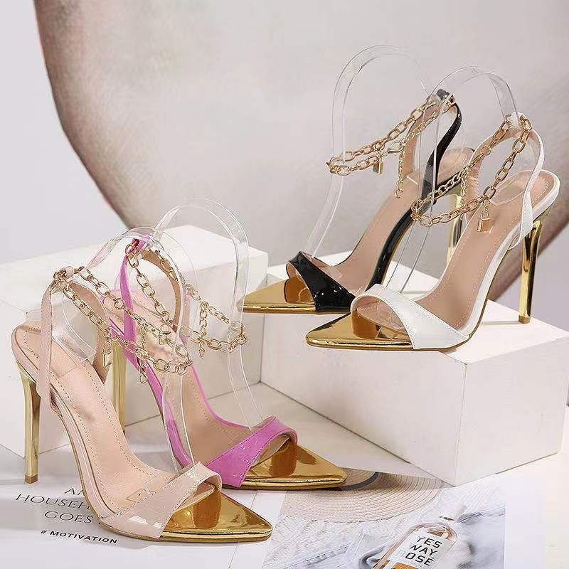 Large size new variety of colors candy color pointy stiletto open-toe sandals Metal chain fashion women's shoes one-line strap sandals pointy women's sandals