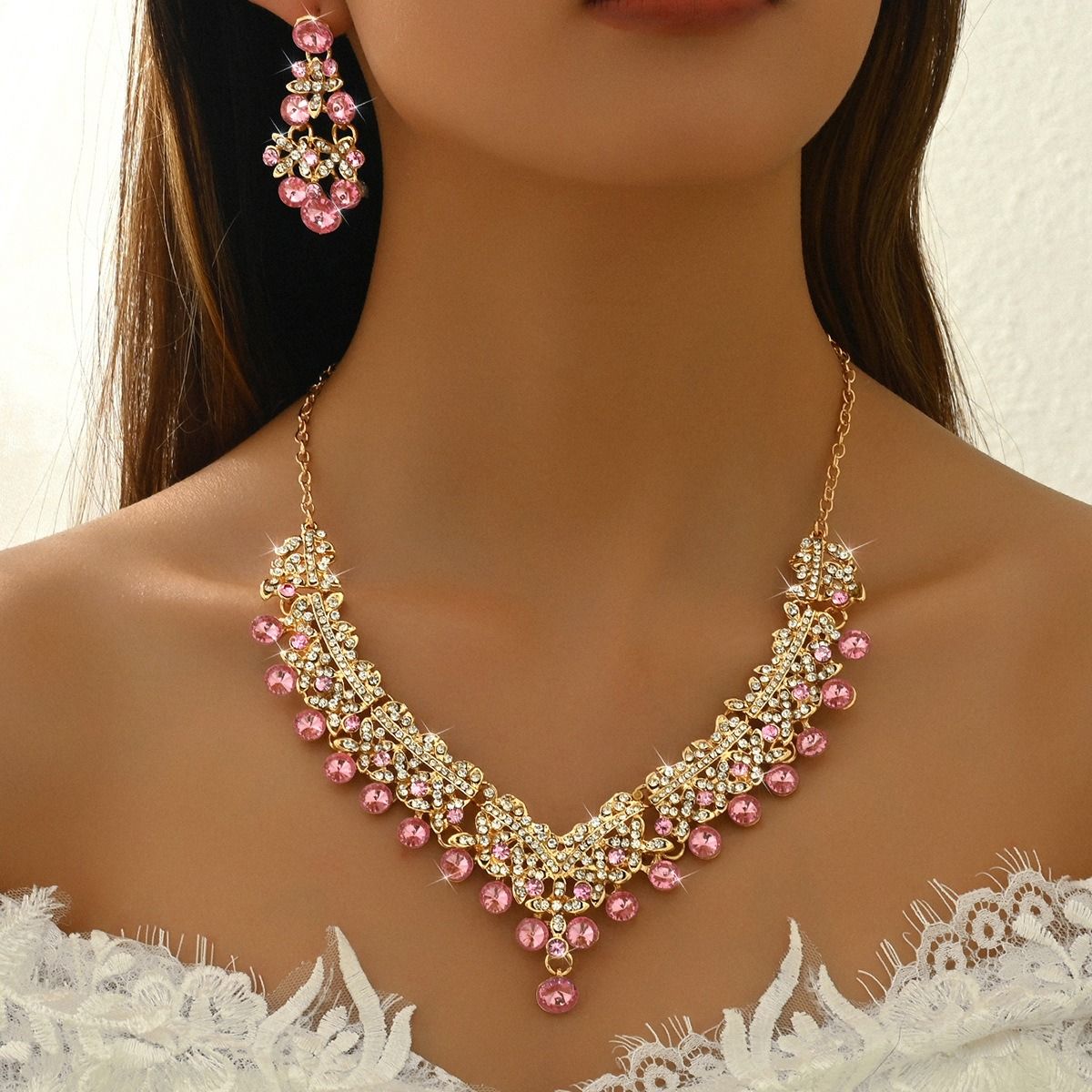 French court classical bright luxury rhinestone fashion commuter pearl necklace earrings jewelry set Fashion OL wedding accessories Ladies set jewelry