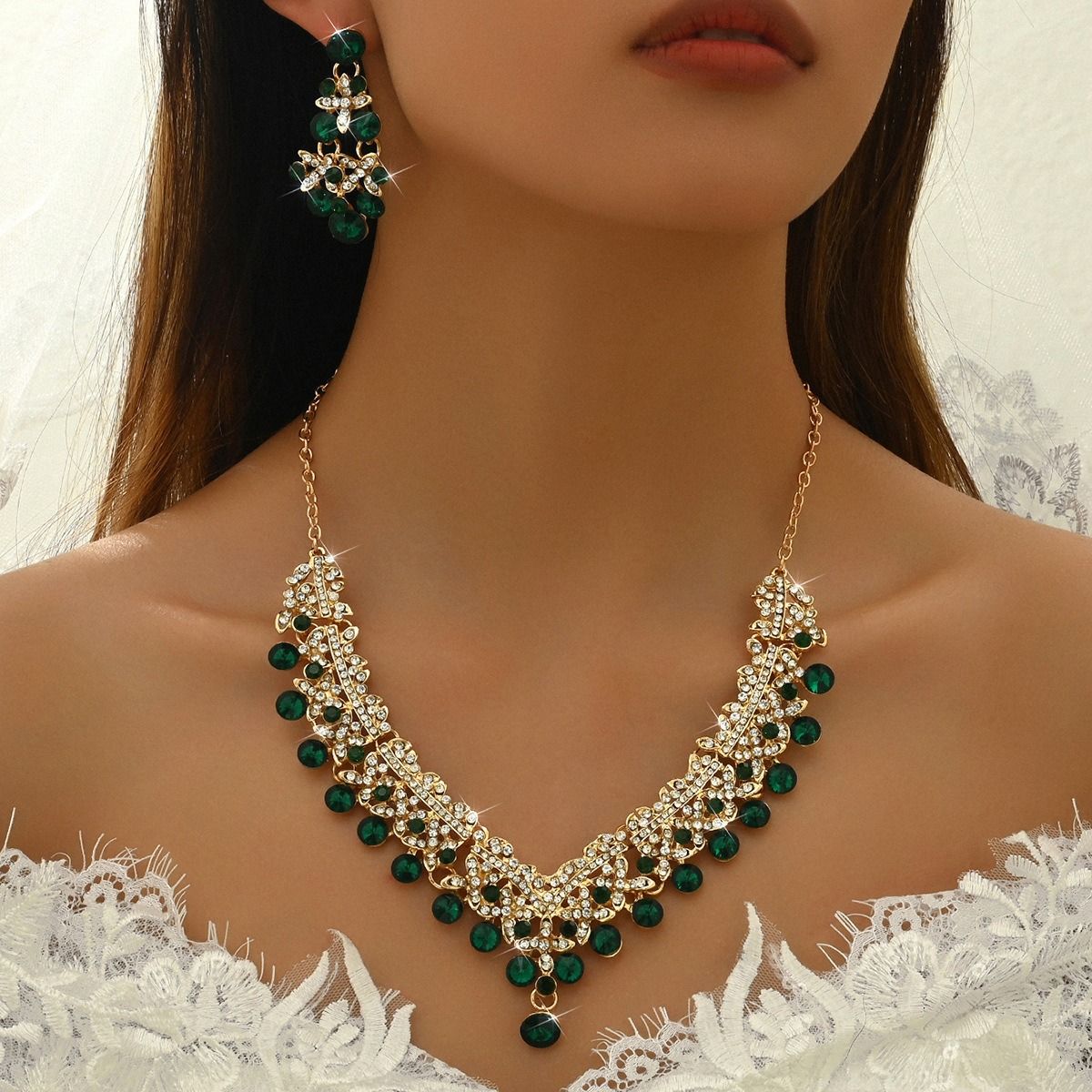 French court classical bright luxury rhinestone fashion commuter pearl necklace earrings jewelry set Fashion OL wedding accessories Ladies set jewelry