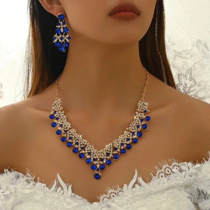 French court classical bright luxury rhinestone fashion commuter pearl necklace earrings jewelry set Fashion OL wedding accessories Ladies set jewelry