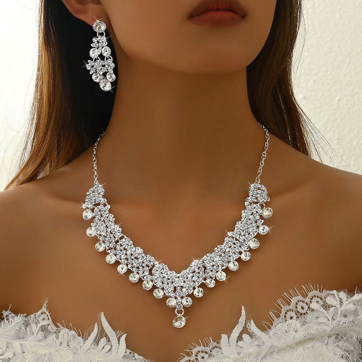 French court classical bright luxury rhinestone fashion commuter pearl necklace earrings jewelry set Fashion OL wedding accessories Ladies set jewelry