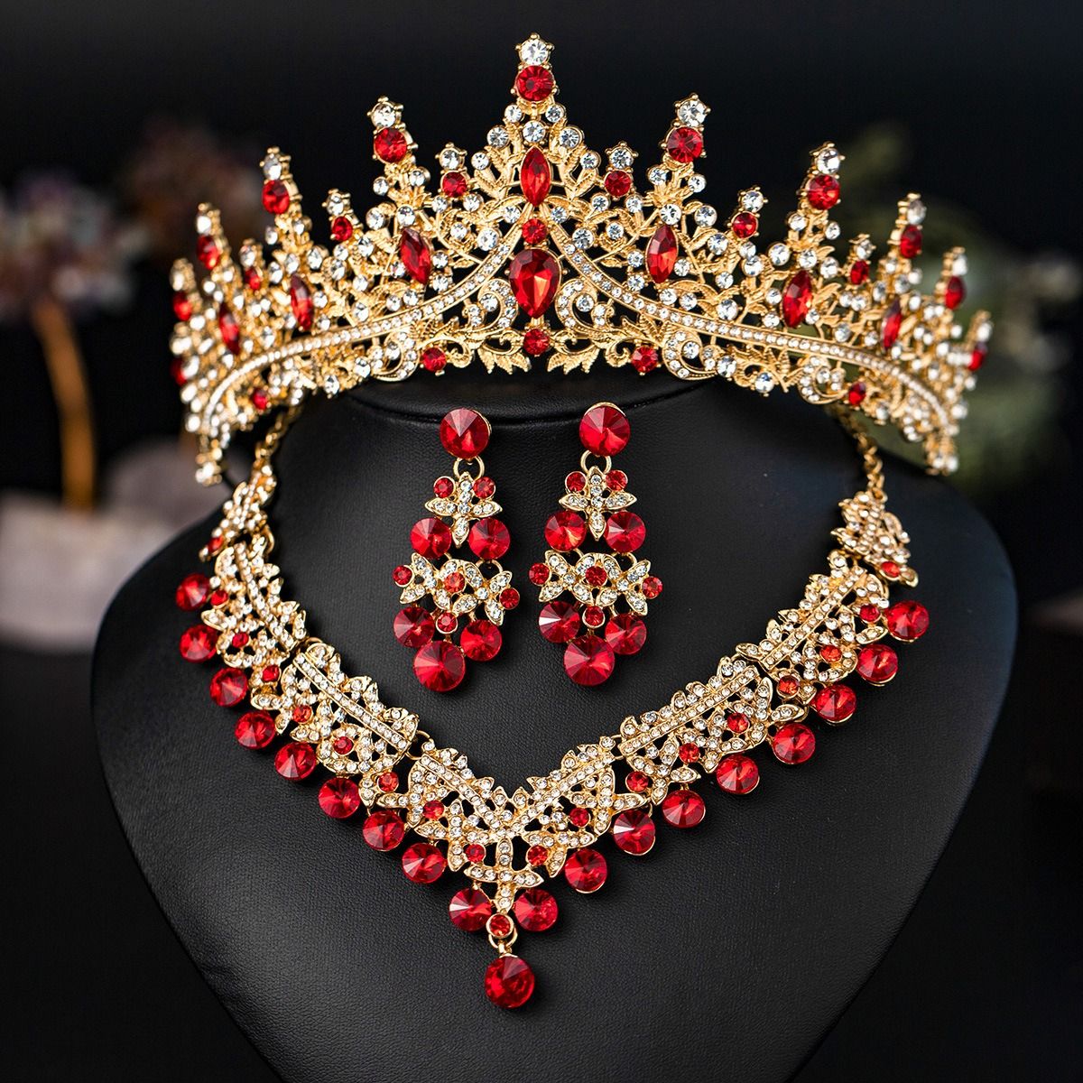African Bridal Jewelry Three-piece Fashion Commuter Haute Couture Ball Wedding Jewelry Alloy Diamond Crown Necklace Earrings Wedding Jewelry Bridal set