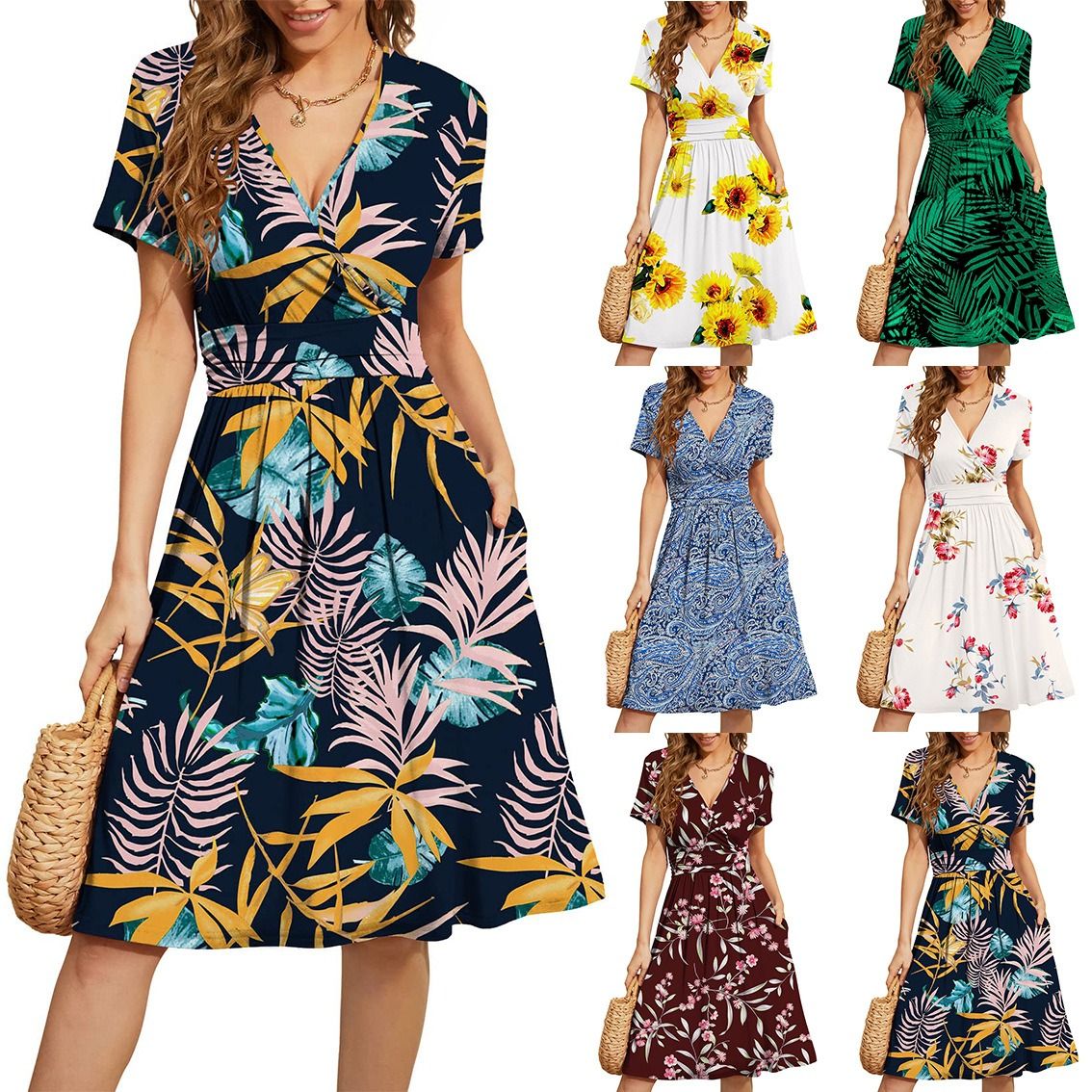 2024 Africa Europe America New 3D Printed Pattern V-neck Temperament Loose Waist Mid-long Dress Printing Pattern Stitching Process Fashion Temperament Elegant Style