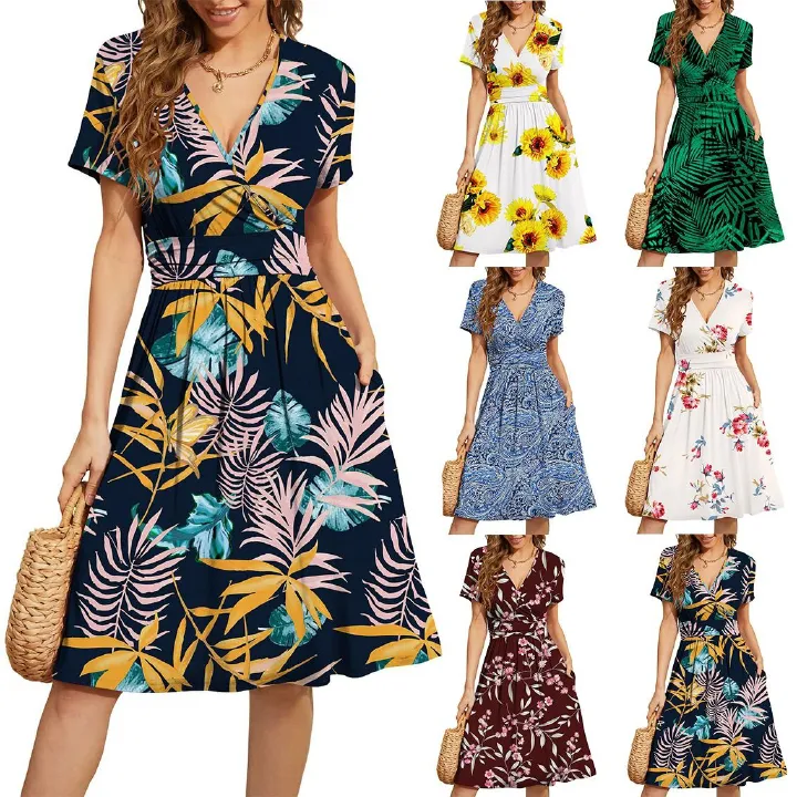 2024 Africa Europe America New 3D Printed Pattern V-neck Temperament Loose Waist Mid-long Dress Printing Pattern Stitching Process Fashion Temperament Elegant Style