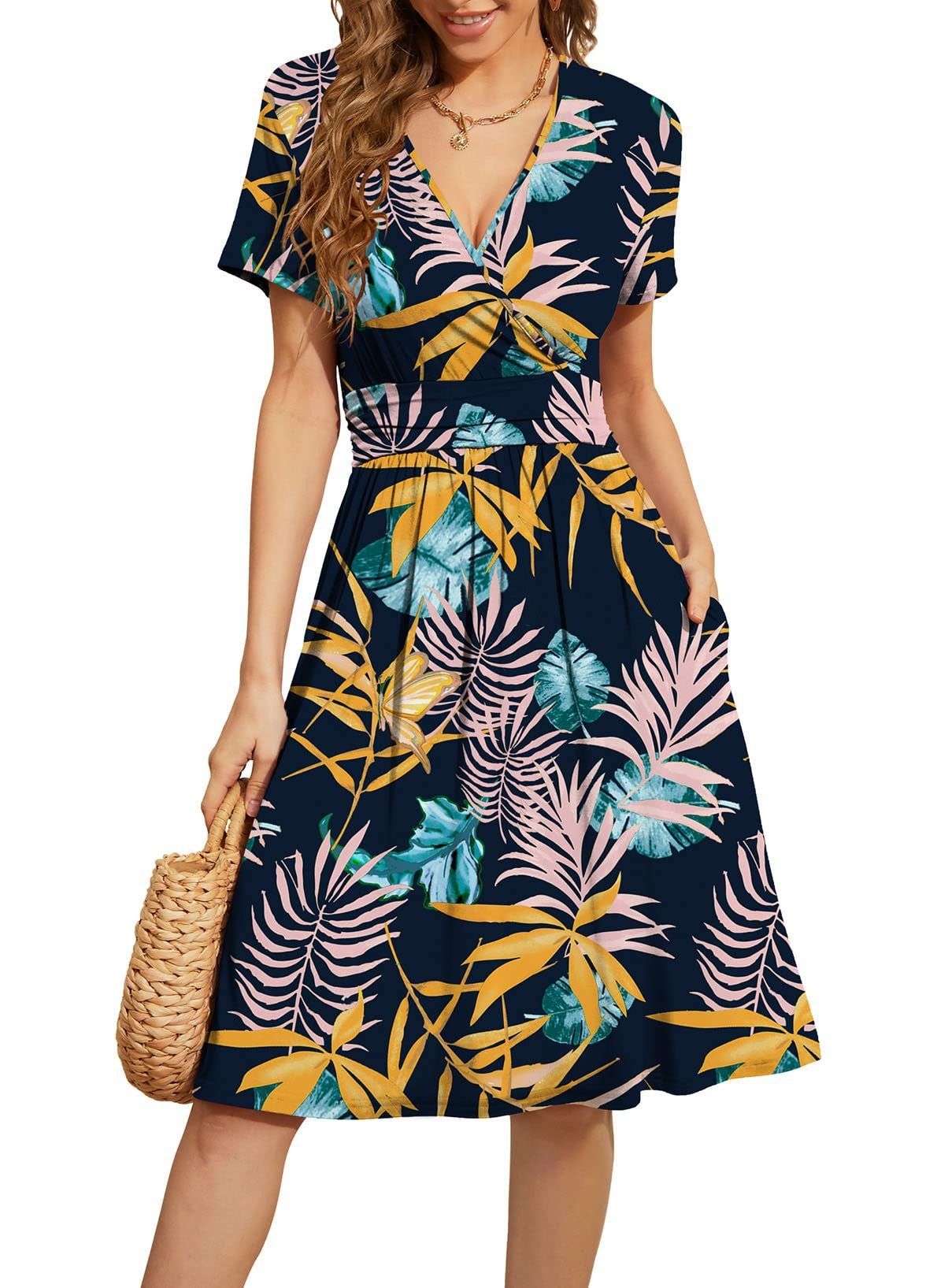 2024 Africa Europe America New 3D Printed Pattern V-neck Temperament Loose Waist Mid-long Dress Printing Pattern Stitching Process Fashion Temperament Elegant Style