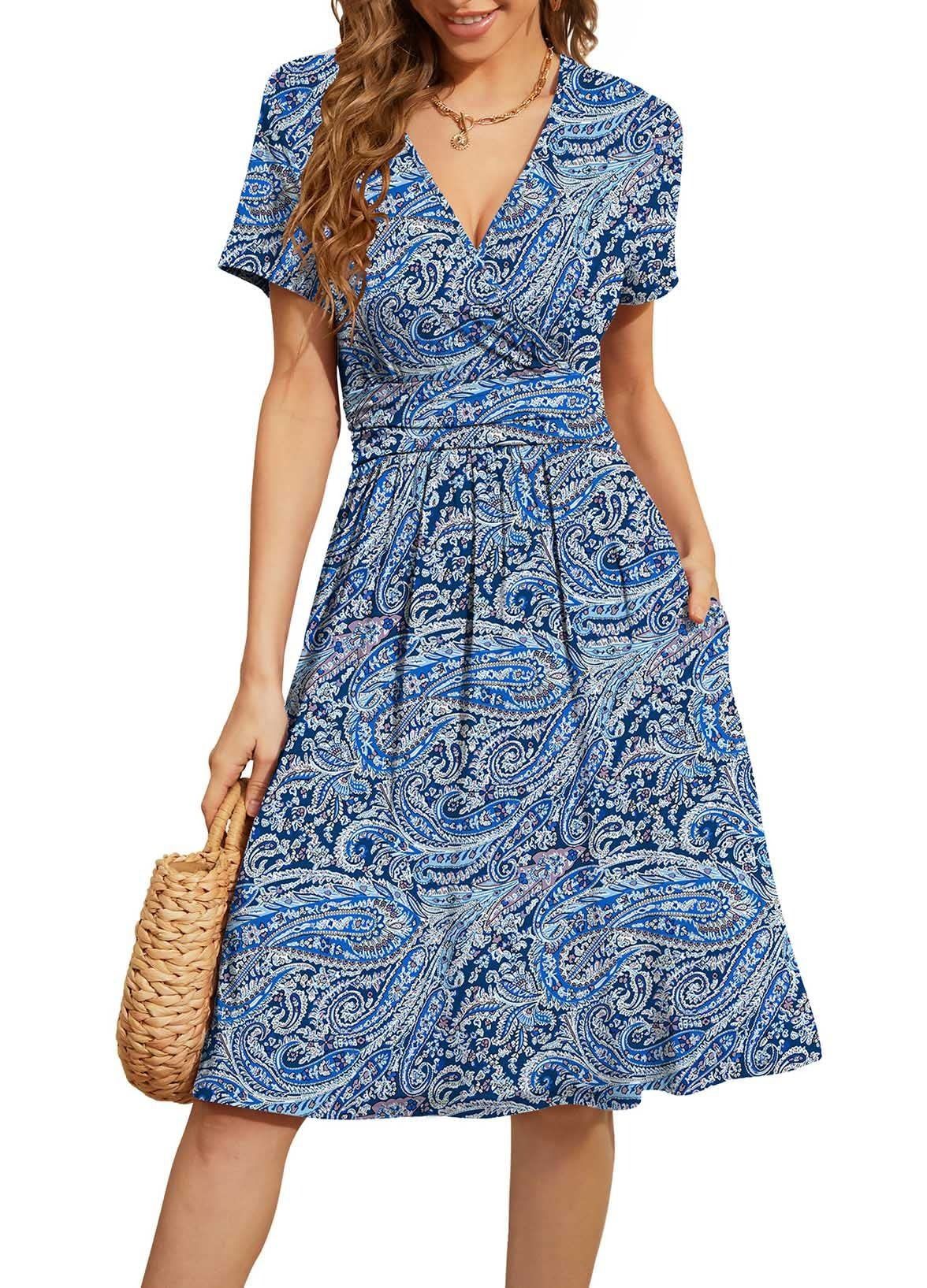 2024 Africa Europe America New 3D Printed Pattern V-neck Temperament Loose Waist Mid-long Dress Printing Pattern Stitching Process Fashion Temperament Elegant Style