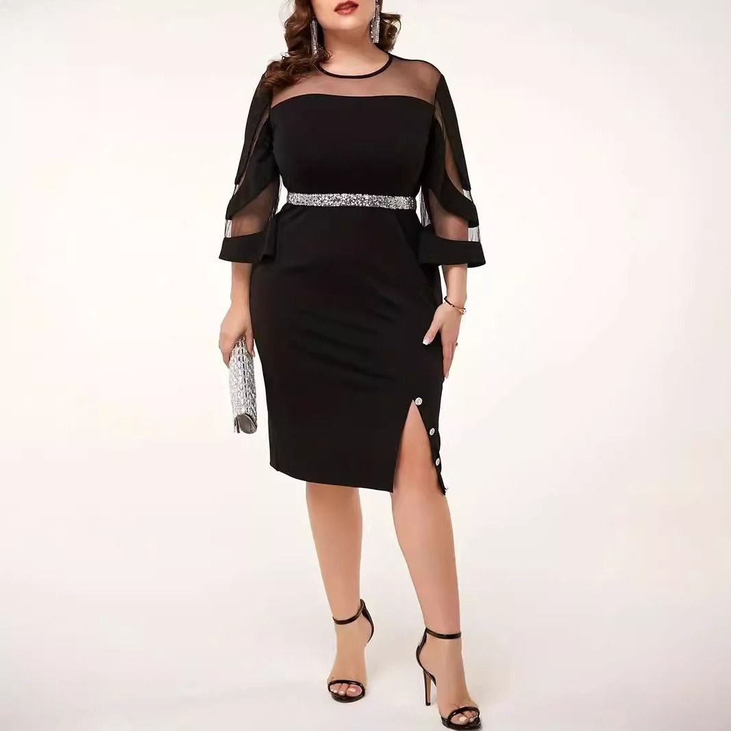 Africa cross-border 2024 autumn new irregular crewneck splicing street hipster personality street plus-size women's seven-point sleeve solid color dress