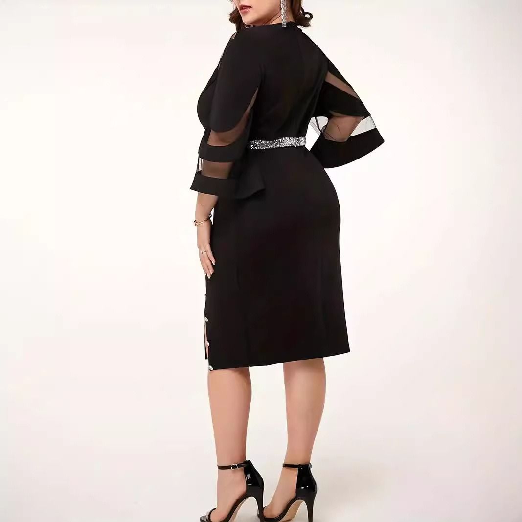 Africa cross-border 2024 autumn new irregular crewneck splicing street hipster personality street plus-size women's seven-point sleeve solid color dress