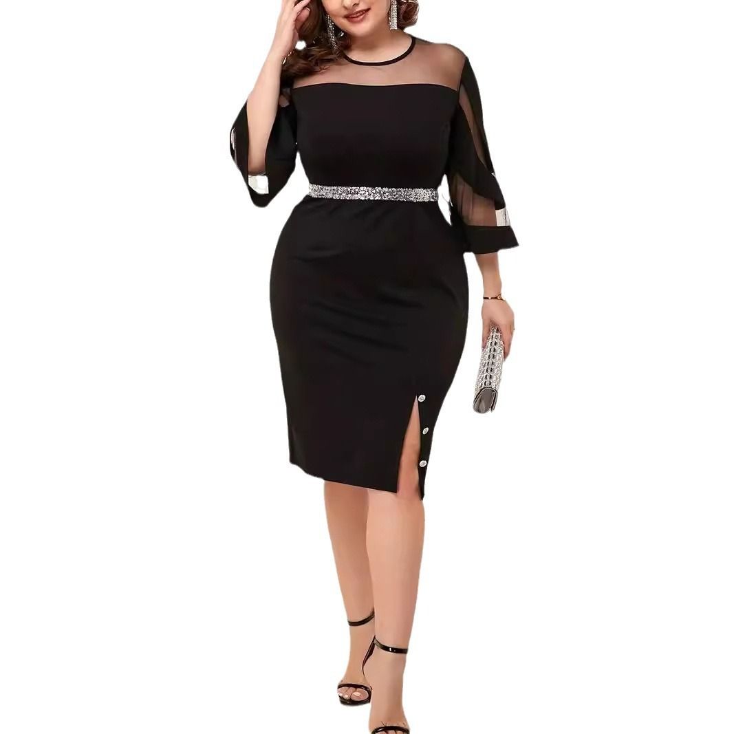 Africa cross-border 2024 autumn new irregular crewneck splicing street hipster personality street plus-size women's seven-point sleeve solid color dress