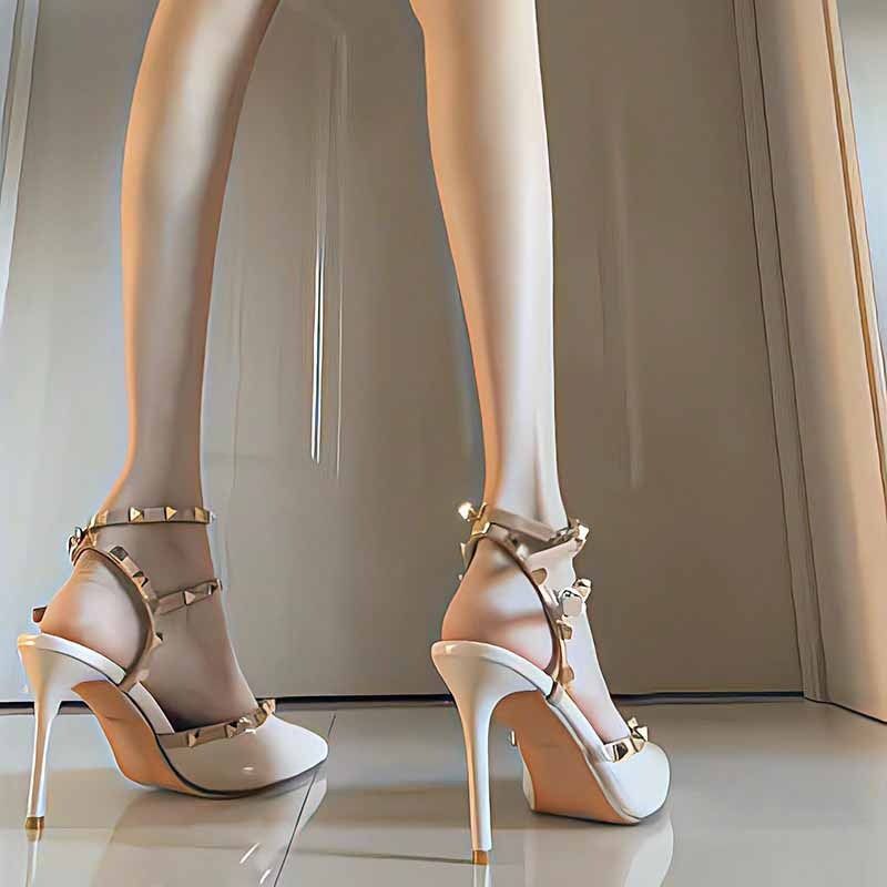 2024 African summer new pointy black riveted high-heeled women's sandals fine heels beautiful nude single shoe with a single line with sandals Wilding shallow mouth women's high-heeled sandals