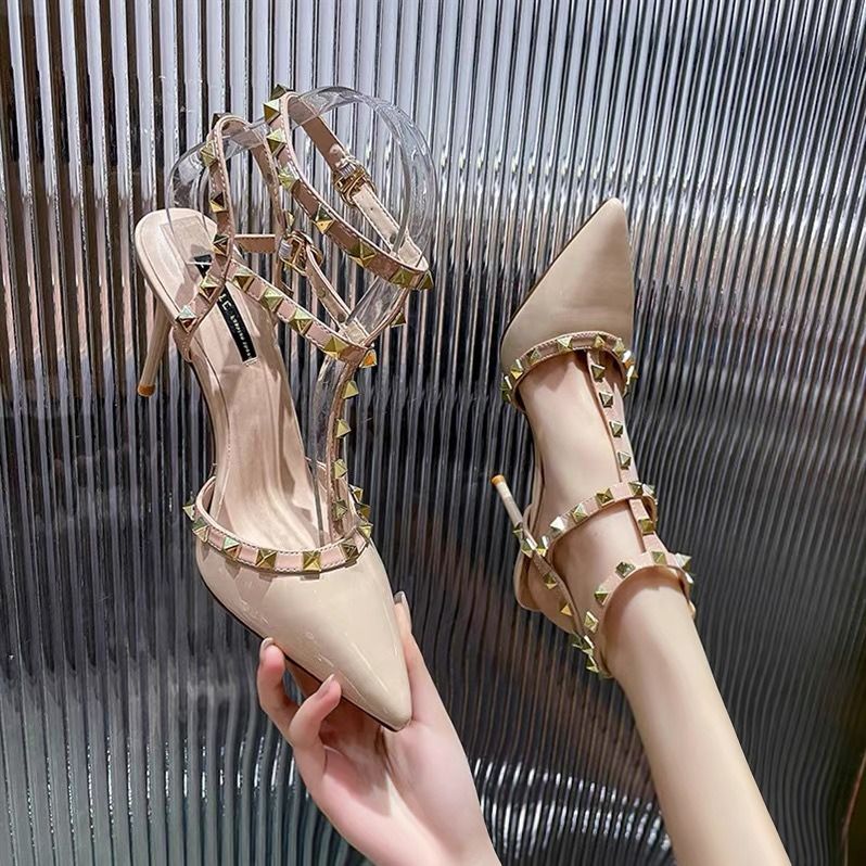2024 African summer new pointy black riveted high-heeled women's sandals fine heels beautiful nude single shoe with a single line with sandals Wilding shallow mouth women's high-heeled sandals