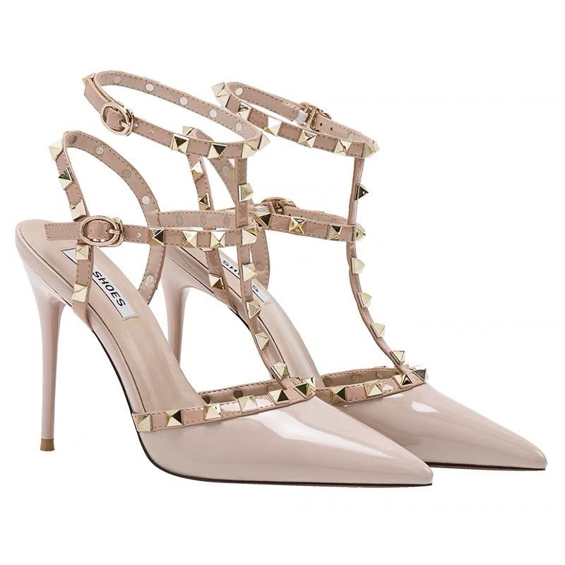 2024 African summer new pointy black riveted high-heeled women's sandals fine heels beautiful nude single shoe with a single line with sandals Wilding shallow mouth women's high-heeled sandals