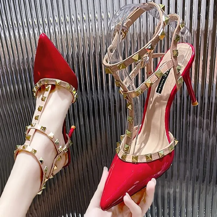 2024 African summer new pointy black riveted high-heeled women's sandals fine heels beautiful nude single shoe with a single line with sandals Wilding shallow mouth women's high-heeled sandals