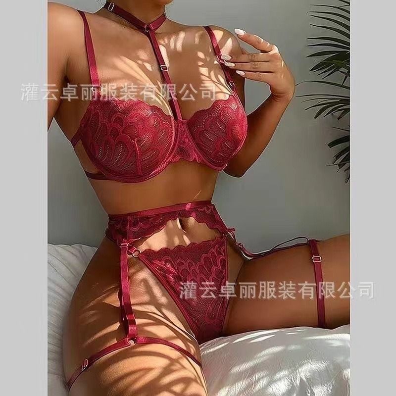 2024 Popular African New Product Fun Underwear Wine Red Flower Lace Hollow jumpsuit Sexy Underwear Set Strap Jumpsuit Nigh Lovers Girlfriends Wife's Birthday Holiday Surprising Gifts