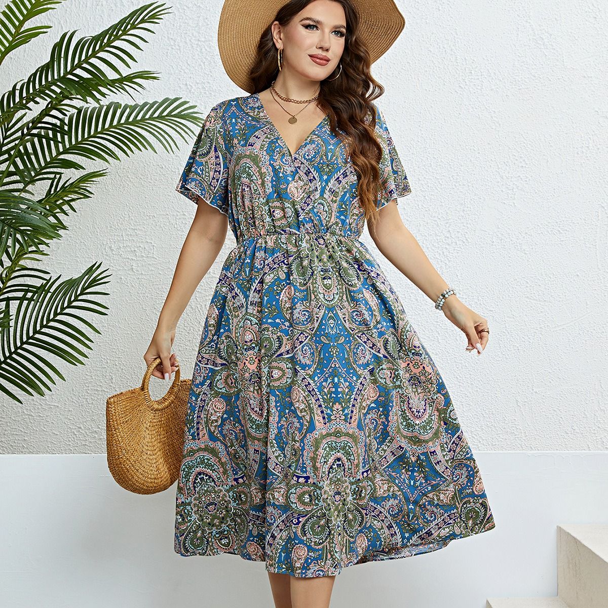 2024 Africa Europe America Women's New Big Size Summer Autumn Dress Print Pattern Literary and Retro Style Fat Women Plus Size Dress V-neck MIDI Dress Literary Artistic Revival Style