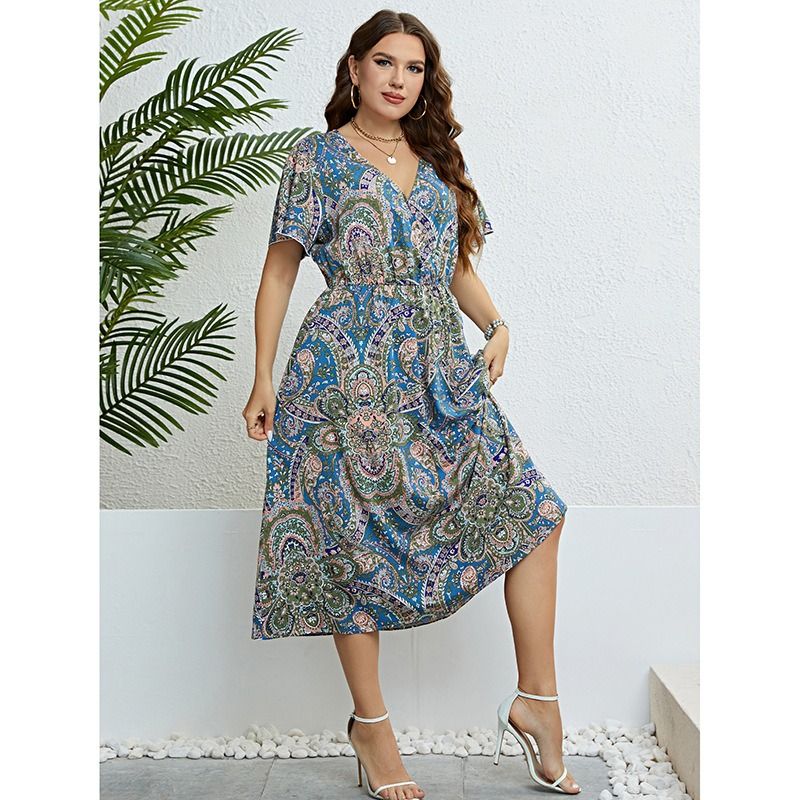 2024 Africa Europe America Women's New Big Size Summer Autumn Dress Print Pattern Literary and Retro Style Fat Women Plus Size Dress V-neck MIDI Dress Literary Artistic Revival Style